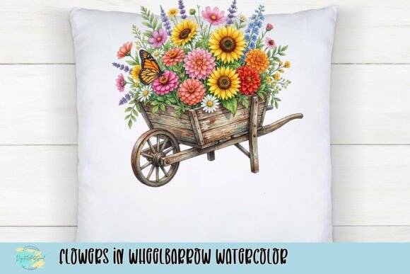 Flowers in Wheelbarrow Watercolor: A Fresh Design Asset