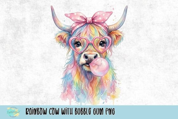 Rainbow Cow with Bubble Gum PNG: Whimsical Design for Every Project